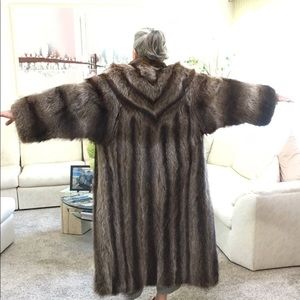 Raccoon Fur Coat. Model is 5’5”. Silver Dark Grey